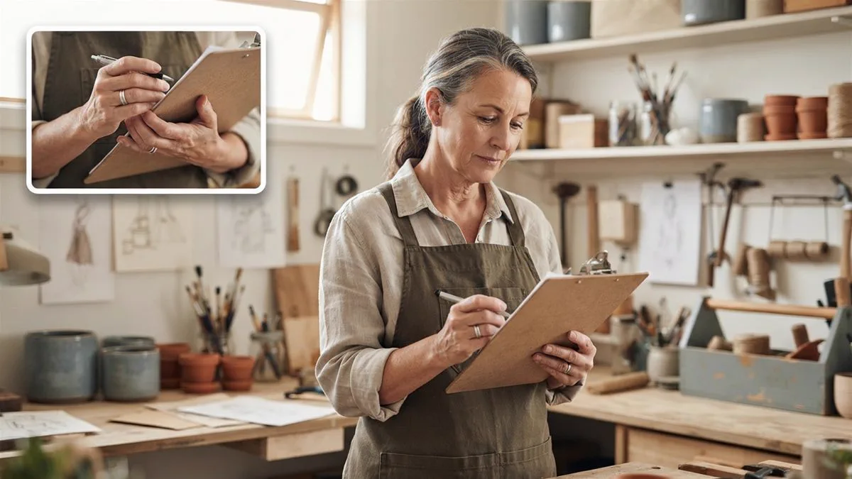 An older person in a workshop apron checking a timesheet on a clipboard